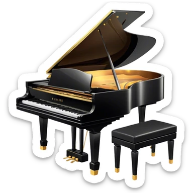 Cinematic Realistic Piano, glossy black grand piano with elegantly curved edges, pristine white and black keys, soft golden light reflecting off its polished surface, faint reflections of a musician’s hands, glowing with refined elegance and musical depth. sticker