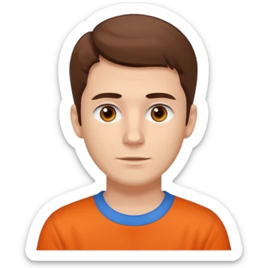 male, white skin, brown hair, brown eyes, orange shirt and blue collarbone sticker