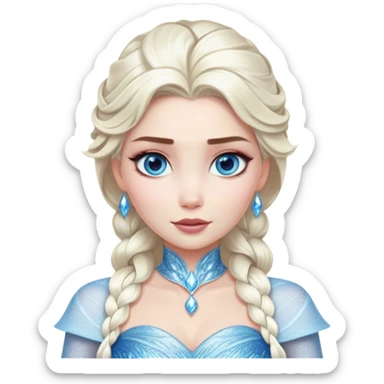 Cinematic Realistic Elsa Portrait, depicted with lifelike skin texture, soft natural lighting, and intricately detailed platinum blonde hair styled elegantly. Her striking, expressive blue eyes exude confidence and grace, complemented by a serene and regal expression. She is dressed in her signature icy attire, with shimmering fabric textures and delicate folds that catch the light beautifully. The portrait features a soft, enchanting glow with a cool, radiant finish, capturing the essence of timeless elegance in a realistic and painterly style, evoking a sense of depth and authenticity. sticker