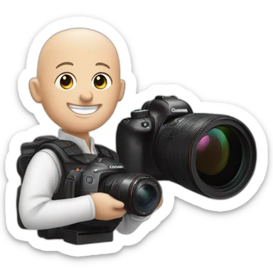 white baldy photographer smiling with a canon r5 sticker
