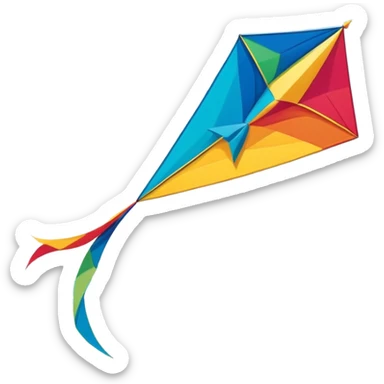 A colorful kite soaring high in the sky on a sunny day, with a long, flowing tail trailing behind. The background features an open field or beach, capturing the joy and freedom of flying kites, with gentle winds and a peaceful atmosphere. sticker