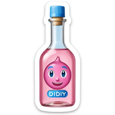 Smiling bottle of oil blue top pink outside with logo that says Diddy oil sticker