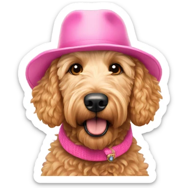 golden doodle dog wearing a pink hat  sticker