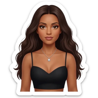 Aaliyah with brown eyes, long dark brown hair, black sweetheart crop top, silver necklace sticker