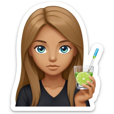 tan woman, black shirt, long light brown straight hair, grey blue eyes, holding a shot with lime sticker