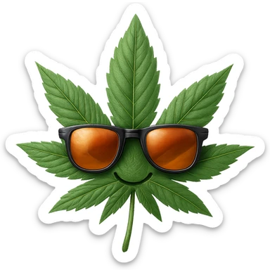 Make this weed leaf with sunglasses look more realistic, keep the sunglasses, and maintain no background. The style should be realistic with natural textures and details on the leaf and sunglasses. sticker