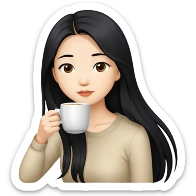 asian girl with black long hair drinking coffee sticker