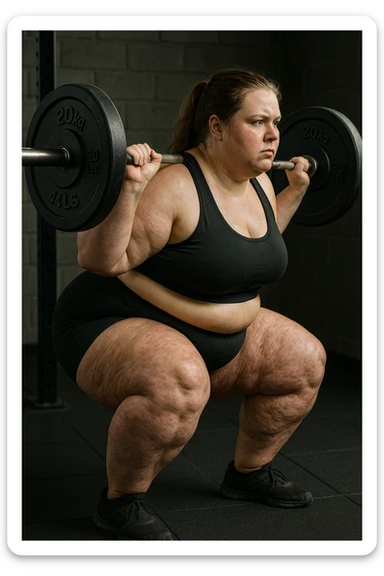 donna grassa con lipedema alle gambe che fa uno squat di profilo con bilanciere, IPERREALISTICA 4K sticker