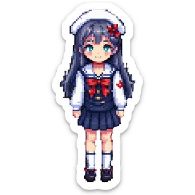 Japanese anime schoolgirl with classic sailor uniform in pixel art style sticker