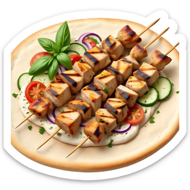 cinematic-realistic-souvlaki-dish-emoji,-showcasing-skewered,-grilled-chicken-with-mediterranean-spices-rendered-with-dynamic-textures-and-warm,-appetizing-lighting on pita bread sticker