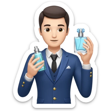 stylish man spraying perfume, holding a perfume bottle, mist spray in the air, elegant pose, 3D cartoon, mobile game icon style, clean background, no text, no watermark

 sticker