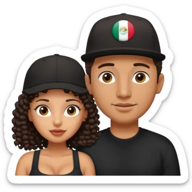 A picture of a cute tanned couple. the man is Mexican, with a bald hair cut wearing a SnapBack hat and a black shirt. the woman is mixed, she has curly longer dark brown hair, wearing no hat, and with big boobs  sticker