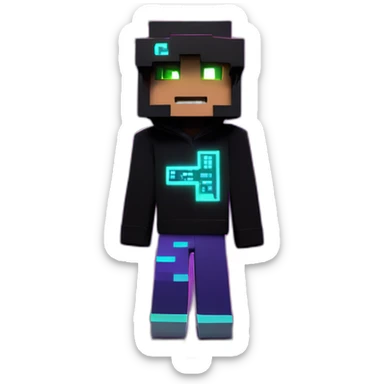 Minecraft hero wearing a black hoodie with "OMG" letters on it and VR headset in a cyberpunk VR environment with violet neon lighting. sticker