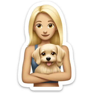Skinny blonde woman hugging small fluffy tan dog sticker