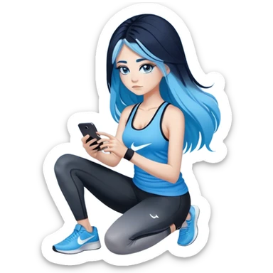 Heart broken, very very very very big chest-texting on a samsung cell phone-very long straight flowing black to sky blue hair ombre-blue eyes-black eyeliner-long eyelashes-sky blue very low cut tank top with sparkling nike logo-black leggings-nike sneakers sticker