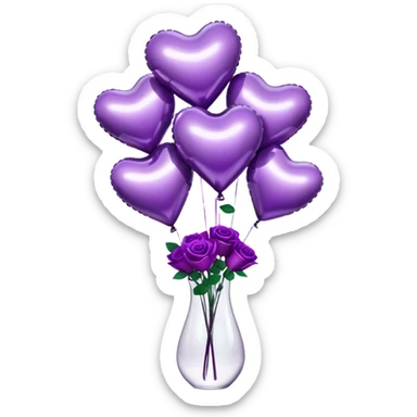 "A cluster of metallic heart-shaped balloons in varying shades of purple, floating beside a sleek glass vase filled with matching roses."
 sticker