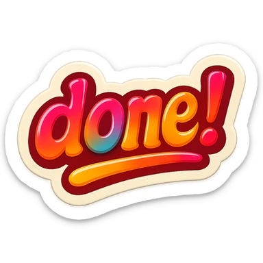 colorful 'done!' rubber stamp mark, bold and playful, sticker-like outline, no background sticker