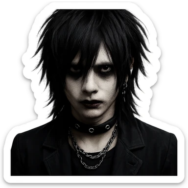 Vkei style boy with medium long black hair, emo, shaggy hairstyle, dark, creepy expression sticker