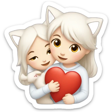 Girl and boy hugs two white cats hearts around sticker