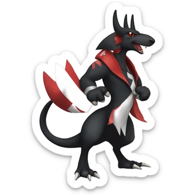 Black Cool Edgy Nargacuga-Houndoom-Garchomp Fakémon with Red and white Edgy markings, full body, outlined sticker