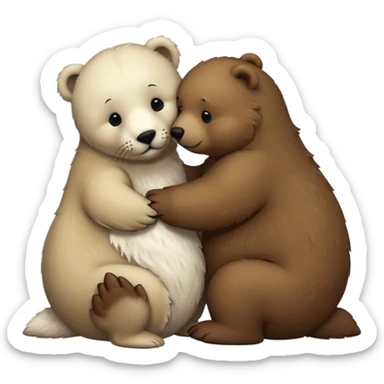 small white seal kissing a big brown bear sticker