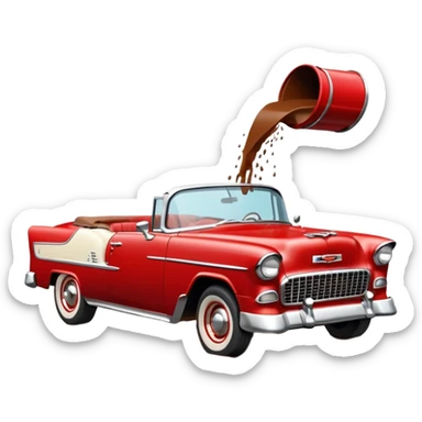 1955 Chevrolet Bel Air Convertible, Red-White color, with a bucket of brown mud pouring down on it, and the car itself is covered in brown mud on the sides that has stuck.32x32 pixels, aspect ratio: 1:1 sticker