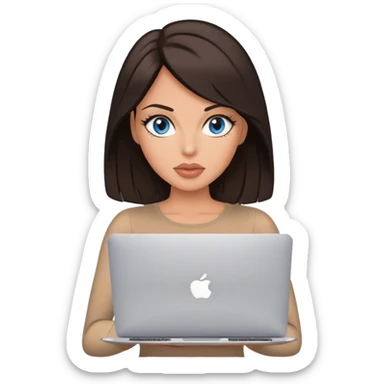 Glamours tanned very beautiful girl with big pump peach lips and dark chocolate straight smooth long hair, blue-grey eyes in brown/beige bodysuit with MacBook sticker