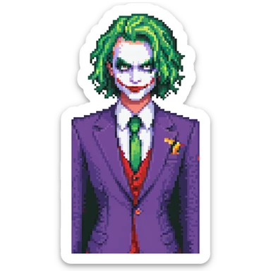 The Joker villain full body with green hair, purple suit, white face, red lips sticker