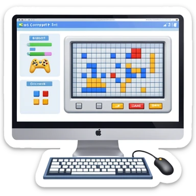 Professional icon for Game Design: computer screen with game interface, 3D models, pixel art, and design tools like grid, wireframe, and stylus. Symbolizes the technical and creative process of game development. Transparent background. sticker