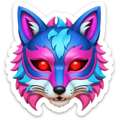 Ancient wooden mask, broken in half, luminous and neon with red, blue, and pink fox-like glow. Fragments of the mask scattered around. sticker