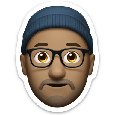 45 year old bald guy with blue eyes, black glasses and a beanie sticker