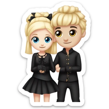 A boy and a girl cuddling the girl is short and the boy is tall the girl is blond and blue eyes with alot of pink and bows the boy is goth with black hait in a middle prt and pail skin he wear black sticker