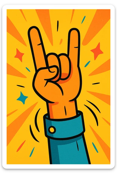 animated hand making a 'rock' gesture, moving upward, energetic motion, cartoon style sticker