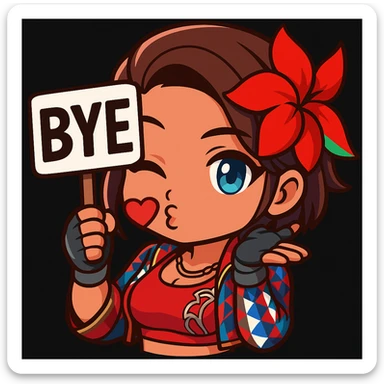 Azucena from Tekken 8 in chibi sticker style, holding a sign that says 'BYE', blowing a kiss, wearing the detailed red and patterned outfit from the reference images, designed for Twitch emote use. sticker