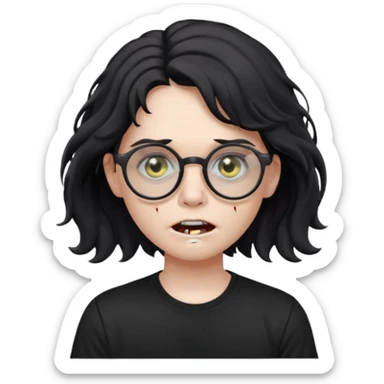 zumbie cabelo ondulado médio preto, camiseta preta, oculos redondo masculino sticker