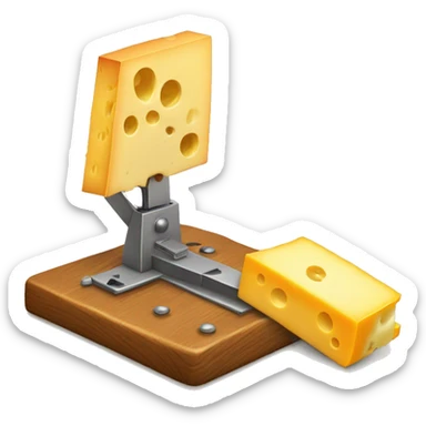 A mousetrap with a piece of cheese on it. The mousetrap should be classic wooden style, with the cheese placed on the trigger sticker