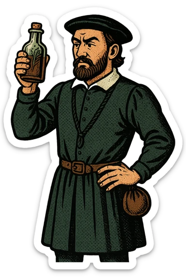 the full body of A male doctor from tudor england with his herbal medicine bottle sticker