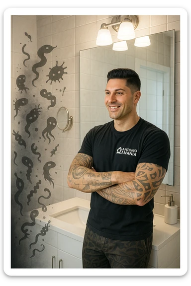 a man stands in a brightly lit bathroom, looking relieved and revitalized as he examines his reflection in the mirror. In the foreground, stylized, shadowy images of parasites (such as worms or protozoa) are shown leaving his body, dissolving into mist or fading away. His posture is upright and his expression is one of newfound energy and health. sticker