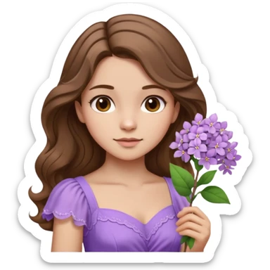 Menina parda/branca de cabelo ondulado castanho partido de lado com uma flor lilás e vestido lilás sticker