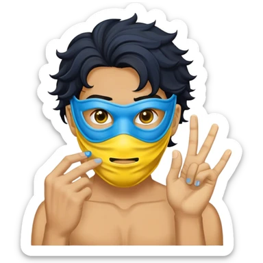 Guy with black wave hair with a yellow mask covering top half of face when ring yellow blue and black sticker