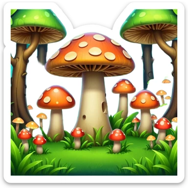 A stylized fantasy forest with glowing mushrooms and colorful tree sticker