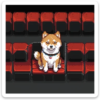 Shiba Inu sitting in a movie theater with red seats in the background sticker