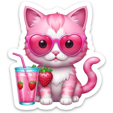 A bubblegum pink kitten with heart-shaped sunglasses, sipping a strawberry soda, surrounded by sparkles and summer vibes. sticker