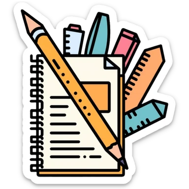 School office supplies with pencil, pen, notebook, ruler, scissors sticker