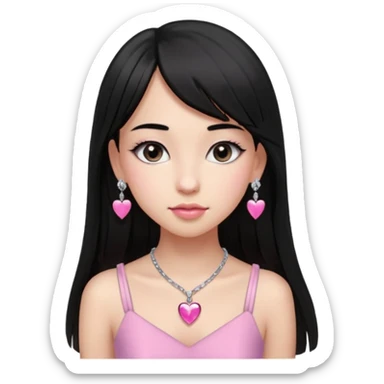Cabelos pretos longos lisos ,com franja curvada .olhos pretos puxadinho para cima. Cílios longos curvados. Pele clara ,nariz pequeno ,lábios carnudos ,adolescente 16 anos ,vestido rosa de alça, colar de coração prata ,brinco de diamante sticker