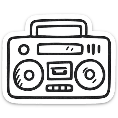 Boombox icon, hand drawn, black outlines, no fill, simple and clean, front view sticker