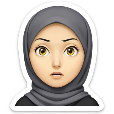 người phụ nữ 30 tuổi, da vàng, đội khăn hijab, tóc ngắn màu đen, mặt biểu cảm hoảng hốt, áo màu xám đậm sticker