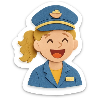 girl cruise director with curly dirty blonde hair in a ponytail, very happy sticker