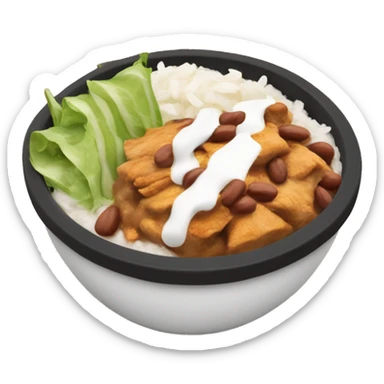 chipotle bowl with chicken, white rice, pinto beans, sour cream, lettuce, cheese sticker
