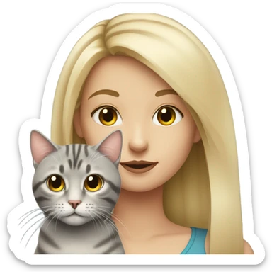 blonde girl portrait with grey tabby cat  sticker